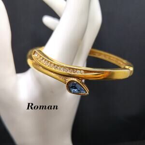 Vintage Roman Gold Plated Hinged Bracelet Blue Rhinestone, 1980s Signed Jewelry